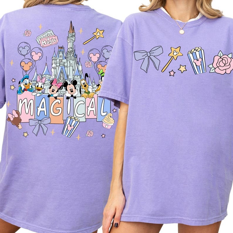a purple t-shirt with a Disney-themed design, including Mickey Mouse, Minnie Mouse, Donald Duck, and other Disney characters. The t-shirt also has the word "MAGICAL" written on it.