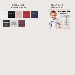 The image is a color chart and size chart for a baby's clothing, specifically a white, black, pink, red, navy, and grey shirt. The color chart displays the color names and their corresponding shades, while the size chart shows the measurements for each color.