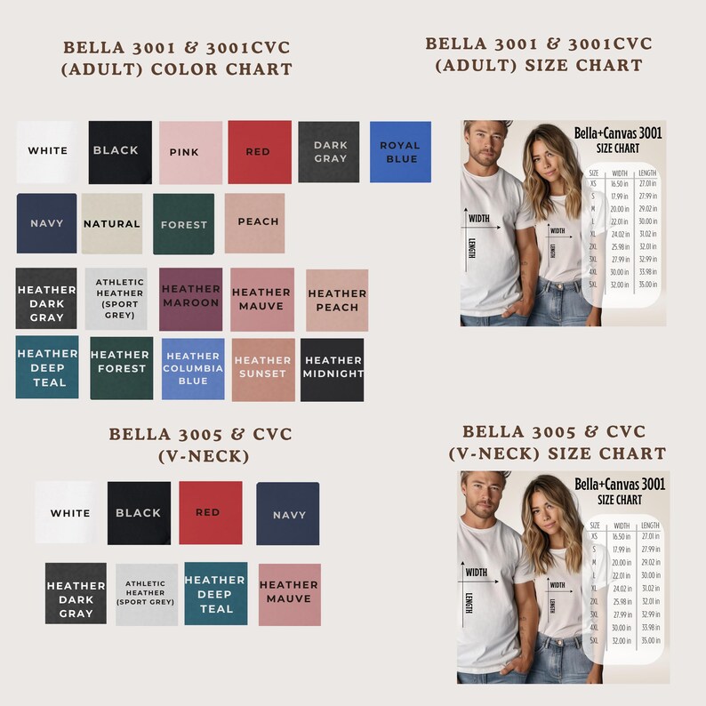 two color charts and two size charts for a clothing brand, Bella. The color charts display various color options for shirts, while the size charts show the corresponding sizes for the shirts.