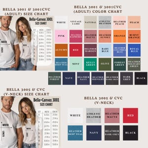 two size charts for adult t-shirts, one for the torso and one for the neck. The charts provide measurements and color options for the t-shirts, including sizes like 3001, 3002, 3003, and 3004. The charts also display color options such as white, vintage camo, natural, peach, burnt orange, royal blue, baby blue, autumn, red, mint, olive, forest, navy, and black.