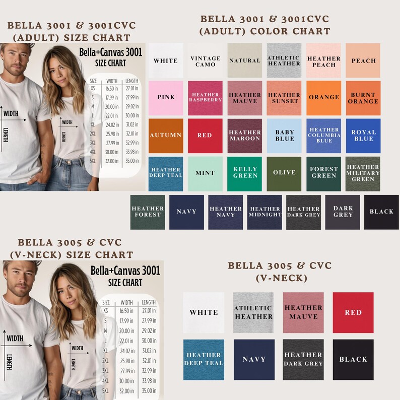 two size charts for adult t-shirts, one for the torso and one for the neck. The charts provide measurements and color options for the t-shirts, including sizes like 3001, 3002, 3003, and 3004. The charts also display color options such as white, vintage camo, natural, peach, burnt orange, royal blue, baby blue, autumn, red, mint, olive, forest, navy, and black.
