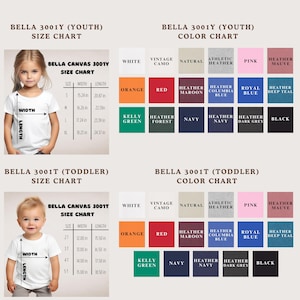 The image is a size chart for two different types of shirts: a youth shirt and a toddler shirt. The size chart provides measurements for the shirts, including width, length, and height, as well as color options for each size.