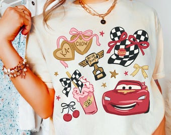 Comfort Color® Disney Coquette Bow Cherry Lightning McQueen Disney Cars Shirt, Disney Pixar Characters, Disneyland Trip Shirt, 00894