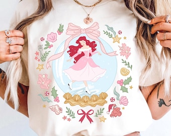 Comfort Color® Disney Princess Ariel Snow Globe Shirt Princess Ariel  Coquette Bow Christmas tee Little Mermaid Sweatshirt 001052