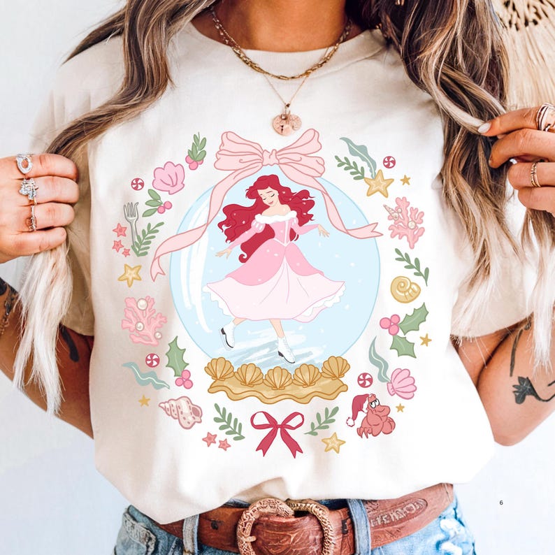 Comfort Color® Disney Princess Ariel Snow Globe Shirt Princess Ariel Coquette Bow Christmas tee Little Mermaid Sweatshirt 001052 image 1