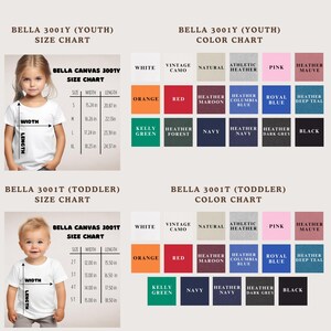 The image is a size chart for two different types of shirts: a youth shirt and a toddler shirt. The size chart provides measurements for the shirts, including width, length, and height, as well as color options for each size.