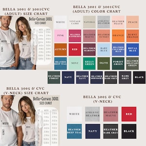 two size charts for adult t-shirts, one for the torso and one for the neck. The charts provide measurements and color options for the t-shirts, including sizes like 3001, 3002, 3003, and 3004. The charts also display color options such as white, vintage camo, natural, peach, burnt orange, royal blue, baby blue, autumn, red, mint, olive, forest, navy, and black.