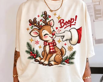 Comfort Colors® Reindeer Sweatshirt, Boop Santa Christmas Shirt, Cute Retro Deer Holiday Tee, Funny Xmas Gift for Women 001927