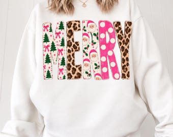 Comfort Colors® Pink Merry Shirt, Coquette Bow Christmas Tee, Leopard Polka Dot Santa Letters Top, Cute Xmas Gift for Women 001896