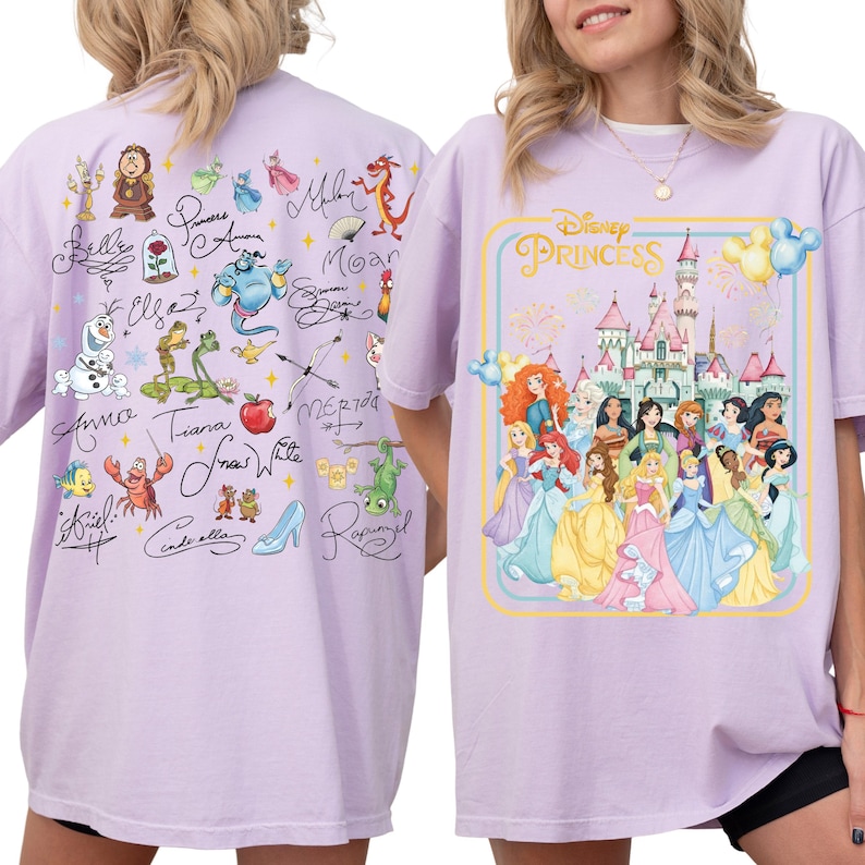 two different t-shirt designs. The back of the t-shirt has a collage of various Disney princess characters and their signatures, while the front of the t-shirt features a graphic of Disney princesses in a castle.