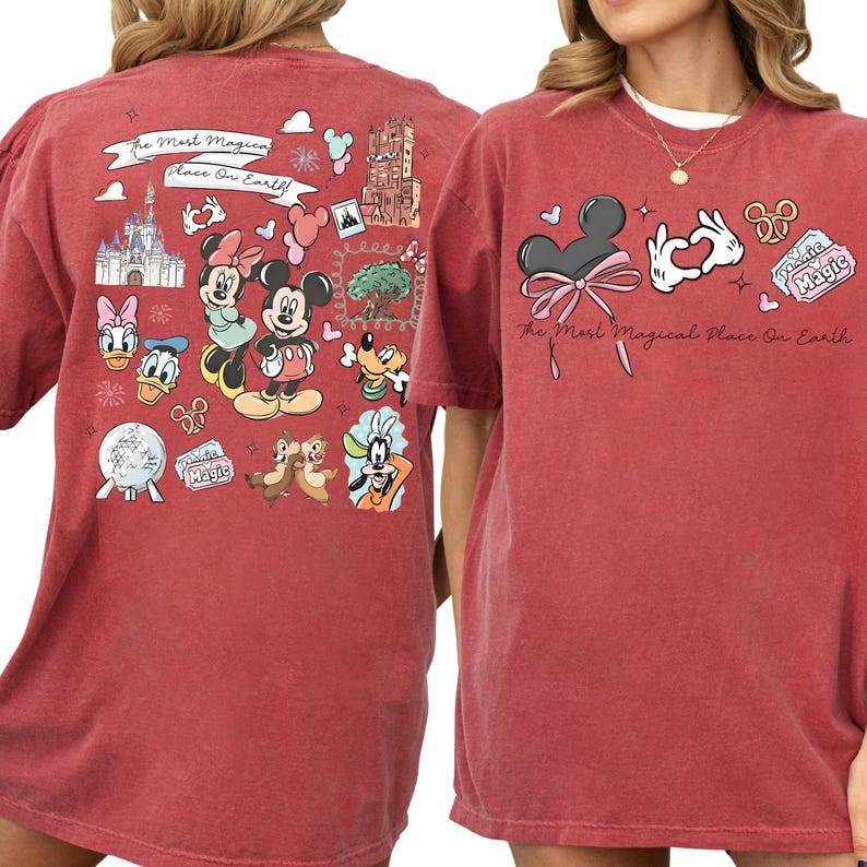 two red t-shirts with Disney-themed designs, including Minnie Mouse, Mickey Mouse, Donald Duck, Goofy, and other iconic Disney characters.
