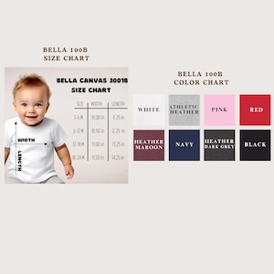 The image is a size chart for a baby, showing the measurements for different age groups. It includes a baby's head and shoulders, as well as the corresponding widths and lengths for each age group. The chart also includes color charts for the baby's clothing, displaying the colors navy, black, red, white, athletic heather, maroon, and navy.