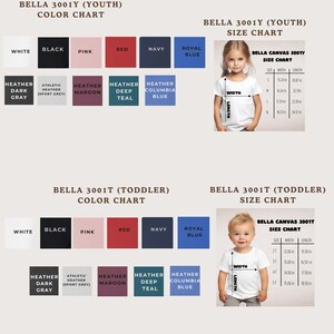 The image is a color chart and size chart for a clothing item, specifically a t-shirt, for a young child. The chart displays different color options and corresponding measurements for the child's size.
