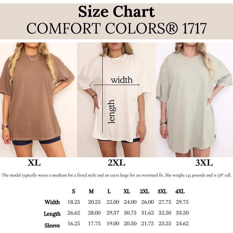 The image is a size chart for three different styles of t-shirts, each with a different width. The chart provides measurements for each style, including waist, length, and sleeve size.