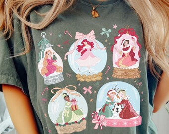Comfort Colors® Disney Princess Snow Globe Shirt, Disney Princess Christmas Tee, WDW Belle Ariel Rapunzel Elsa Anna Tiana Tee 001188