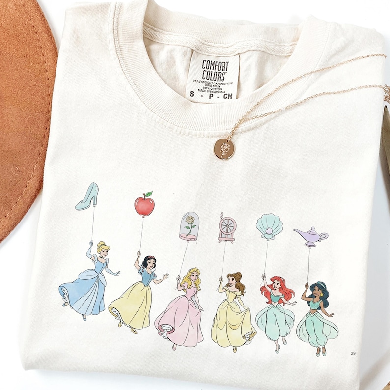Comfort Color® Vintage Princess with Balloons Shirt Disney Cinderella Belle Rapunzel Ariel Jasmine Snow White tee Disney Trip Sweat 001087 image 1