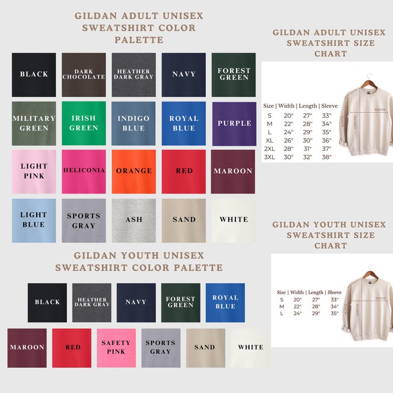 The image is a color palette and size chart for GILDAUN adult unisex sweatshirt color palettes and sizes. It includes various color options such as black, dark chocolate, heather, navy, forest green, Irish, royal blue, purple, light pink, helicolonia, orange, red, maroon, light blue, sports gray, ash, sand, white, and gildan youth unisex. The chart provides size information for each color, including width, length, sleeve, and waist measurements.
