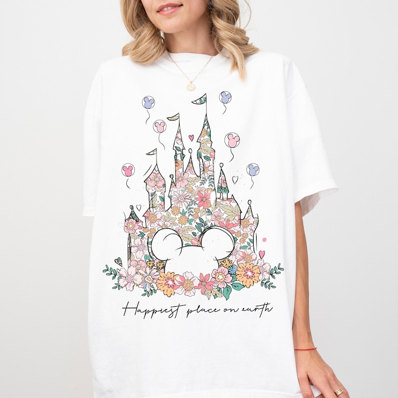 Comfort Color® Disney Castle Floral Minnie Shirt, Happiest Place on Earth Shirt, Magic Kingdom Castle, Vintage Disney Shirt, 00121 image 5