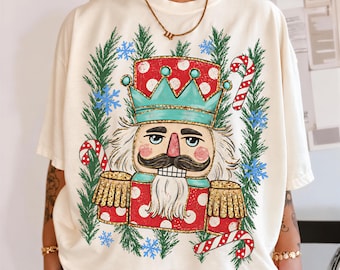 Comfort Colors® Christmas Nutcracker Shirt, Oversized Print Soldier Tee, Candy Cane Pine Holiday Top, Xmas Gift for Women 001935