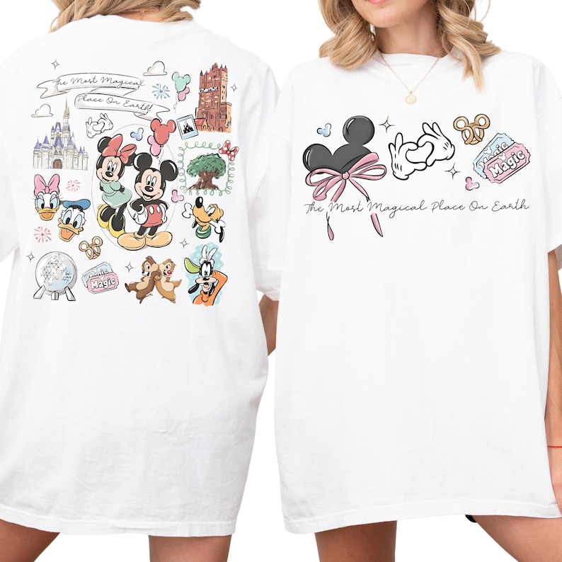 two white t-shirts with various Disney characters and Disney-themed graphics printed on them.