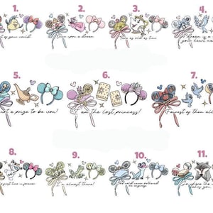 a collection of illustrations featuring various headbands and whimsical elements such as hearts, stars, and animals. The illustrations are accompanied by text that describes the headbands and their significance. The text includes phrases like "I'm not a price to be won!", "I am the last princess!", "A dream is a wish your heart makes!", "A fairytale of them all!", "I am the best princess!", "I am the last princess!", "I will never be belted", and "Go get the woman!".
