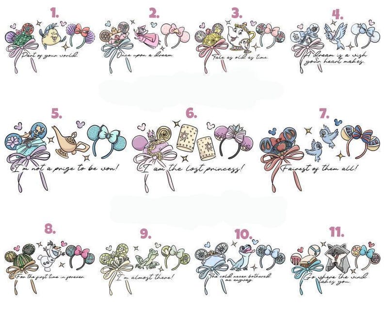 a collection of illustrations featuring various headbands and whimsical elements such as hearts, stars, and animals. The illustrations are accompanied by text that describes the headbands and their significance. The text includes phrases like "I'm not a price to be won!", "I am the last princess!", "A dream is a wish your heart makes!", "A fairytale of them all!", "I am the best princess!", "I am the last princess!", "I will never be belted", and "Go get the woman!".