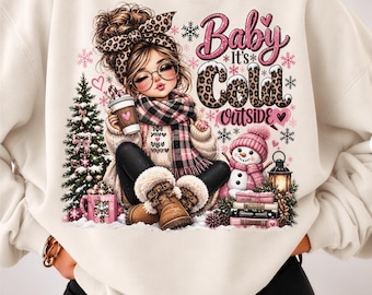 Comfort Colors® Baby Its Cold Outside Shirt, Pink Snowman Christmas Tee, Coquette Winter Sweatshirt, Cozy Xmas Gift for Women 001923