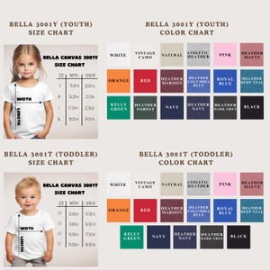 The image is a size chart for two different types of shirts: a youth shirt and a toddler shirt. The size chart provides measurements for the shirts, including width, length, and height, as well as color options for each size.