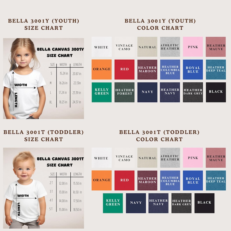 The image is a size chart for two different types of shirts: a youth shirt and a toddler shirt. The size chart provides measurements for the shirts, including width, length, and height, as well as color options for each size.