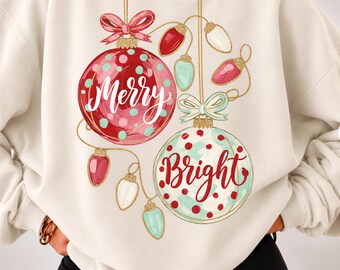 Comfort Colors® Merry and Bright Shirt, Retro Christmas Ornament Lights Tee, Vintage Holiday Sweatshirt, Festive Xmas Gift for Women 001920