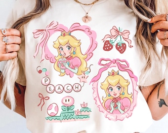 Camisa Comfort Color® Coquette con lazo princesa melocotón, camisa Mario para mujer, camisa Coquette con fresas para niñas, camisa Mario Coquette 001203