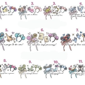 a collection of illustrations featuring various headbands and whimsical elements such as hearts, stars, and animals. The illustrations are accompanied by text that describes the headbands and their significance. The text includes phrases like "I'm not a price to be won!", "I am the last princess!", "A dream is a wish your heart makes!", "A fairytale of them all!", "I am the best princess!", "I am the last princess!", "I will never be belted", and "Go get the woman!".
