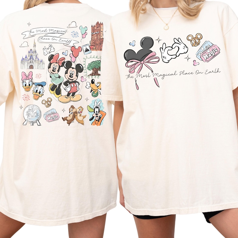 two white t-shirts with Disney-themed designs on the back and front.