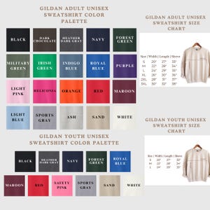 The image is a color palette and size chart for GILDAUN adult unisex sweatshirt color palettes and sizes. It includes various color options such as black, dark chocolate, heather, navy, forest green, Irish, royal blue, purple, light pink, helicolonia, orange, red, maroon, light blue, sports gray, ash, sand, white, and gildan youth unisex. The chart provides size information for each color, including width, length, sleeve, and waist measurements.