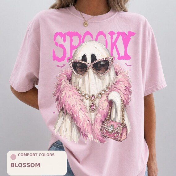 Comfort Color® Spooky Glam Ghost Shirt Women Pink Aesthetic Halloween Tee Cute Y2K Ghost in Sunglasses Fur Coat Fashion Graphic Shirt 001669