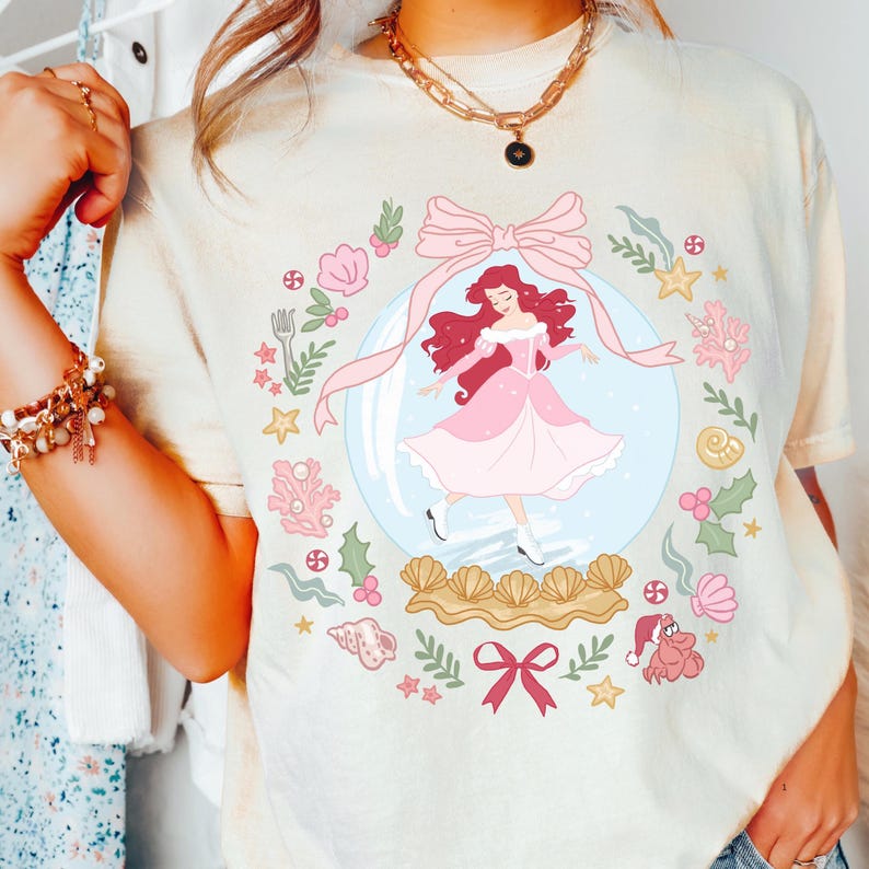 Comfort Color® Disney Princess Ariel Snow Globe Shirt Princess Ariel Coquette Bow Christmas tee Little Mermaid Sweatshirt 001052 image 5