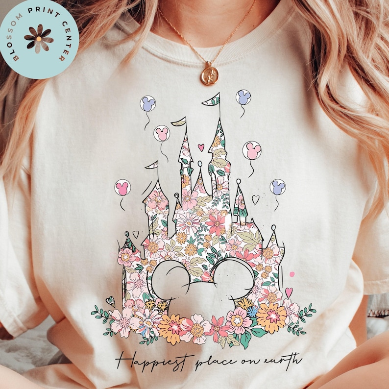 Comfort Color® Disney Castle Floral Minnie Shirt, Happiest Place on Earth Shirt, Magic Kingdom Castle, Vintage Disney Shirt, 00121 image 2