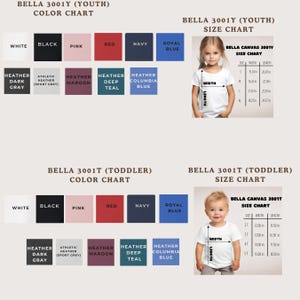 The image is a color chart and size chart for a clothing item, specifically a t-shirt, for a young child. The chart displays different color options and corresponding measurements for the child's size.