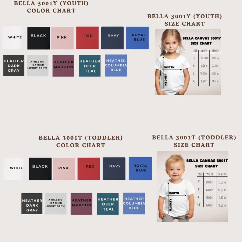 The image is a color chart and size chart for a clothing item, specifically a t-shirt, for a young child. The chart displays different color options and corresponding measurements for the child's size.