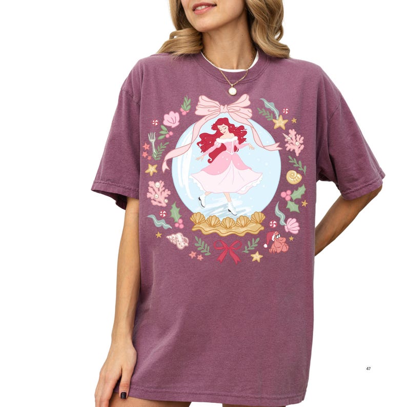 Comfort Color® Disney Princess Ariel Snow Globe Shirt Princess Ariel Coquette Bow Christmas tee Little Mermaid Sweatshirt 001052 image 2