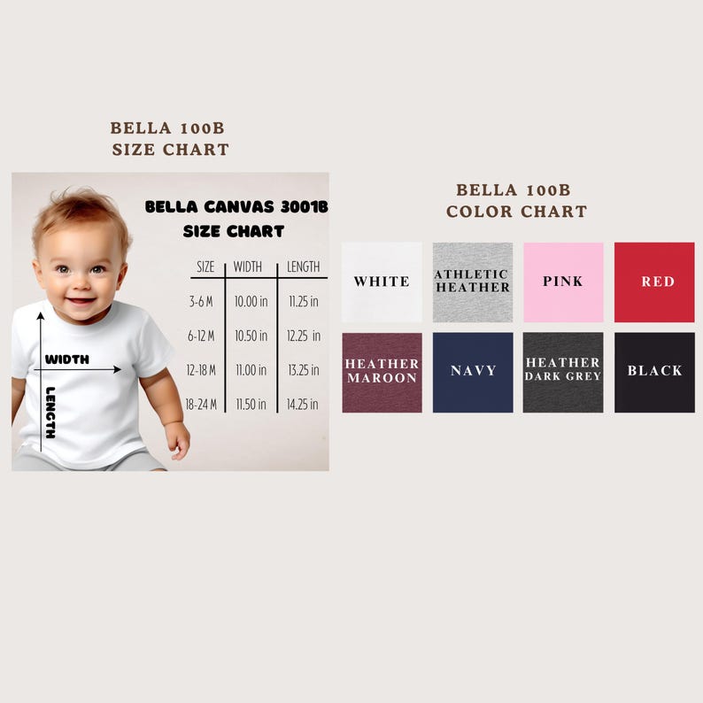 The image is a size chart for a baby, showing the measurements for different age groups. It includes a baby's head and shoulders, as well as the corresponding widths and lengths for each age group. The chart also includes color charts for the baby's clothing, displaying the colors navy, black, red, white, athletic heather, maroon, and navy.