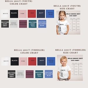 The image is a color chart and size chart for a clothing item, specifically a t-shirt, for a young child. The chart displays different color options and corresponding measurements for the child's size.