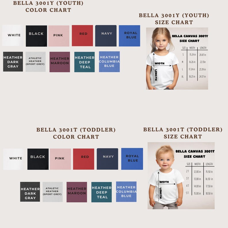 The image is a color chart and size chart for a clothing item, specifically a t-shirt, for a young child. The chart displays different color options and corresponding measurements for the child's size.