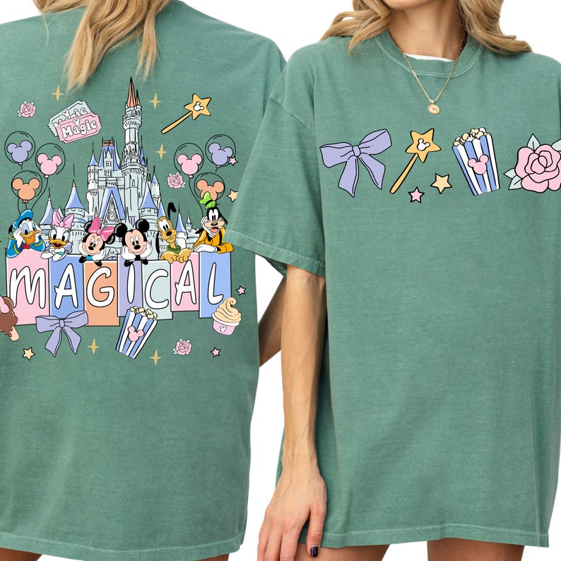 two green t-shirts with Disney-themed graphics and text.
