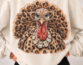 Comfort Colors® Glam Turkey Shirt, Leopard Thanksgiving Tee, Diamond Necklace Fall Top, Funny Turkey Gift for Women 001884