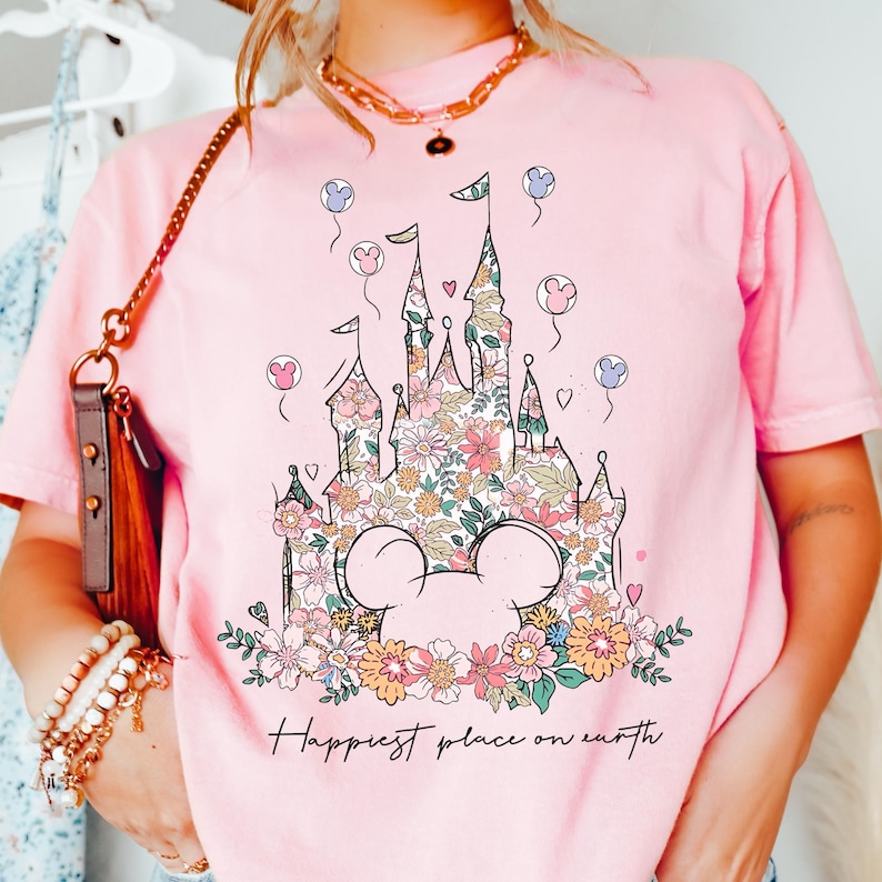 Comfort Color® Disney Castle Floral Minnie Shirt, Happiest Place on Earth Shirt, Magic Kingdom Castle, Vintage Disney Shirt, 00121 image 1