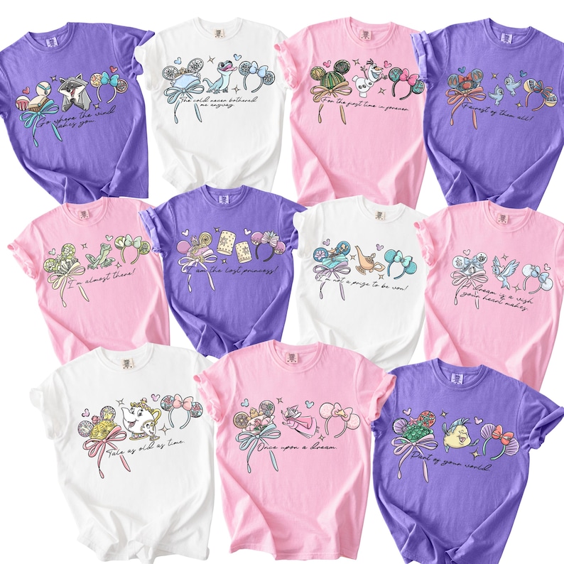 a collection of t-shirts with various colorful designs and text.