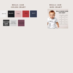 The image is a color chart and size chart for a baby's clothing, specifically a white, black, pink, red, navy, and grey shirt. The color chart displays the color names and their corresponding shades, while the size chart shows the measurements for each color.
