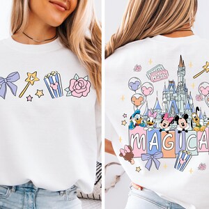 The image is a collage of two photos featuring a woman wearing a white t-shirt with a Disney-themed design. The design includes Mickey Mouse, Minnie Mouse, Donald Duck, and other Disney characters, along with a castle and various Disney-themed elements.