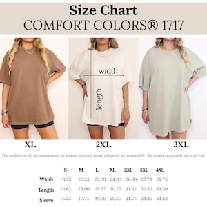 The image is a size chart for three different styles of t-shirts, each with a different width. The chart provides measurements for each style, including waist, length, and sleeve size.